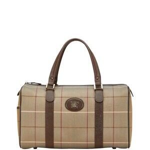 Burberry Check Boston Bag Travel Khaki Green Brown Canvas Leather
